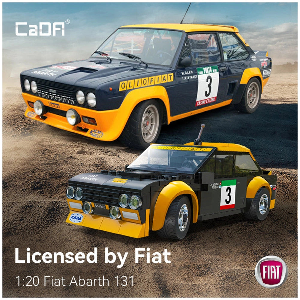 CaDA Blade Fiat Abarth 131 construction set features a glossy metal car with tinted windows, clear plastic lights, and a leat