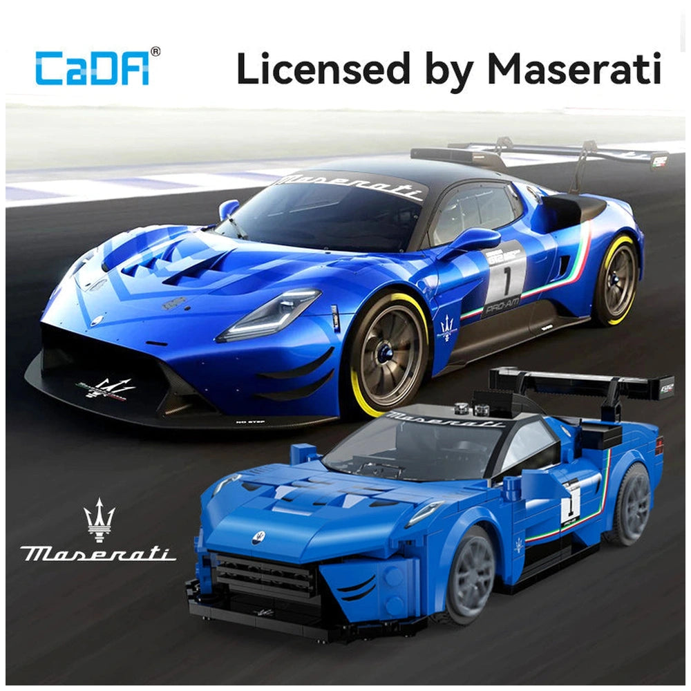 CaDA Blade Maserati GT2 construction set features a glossy blue body, matte wheels, and transparent windows in a front view l
