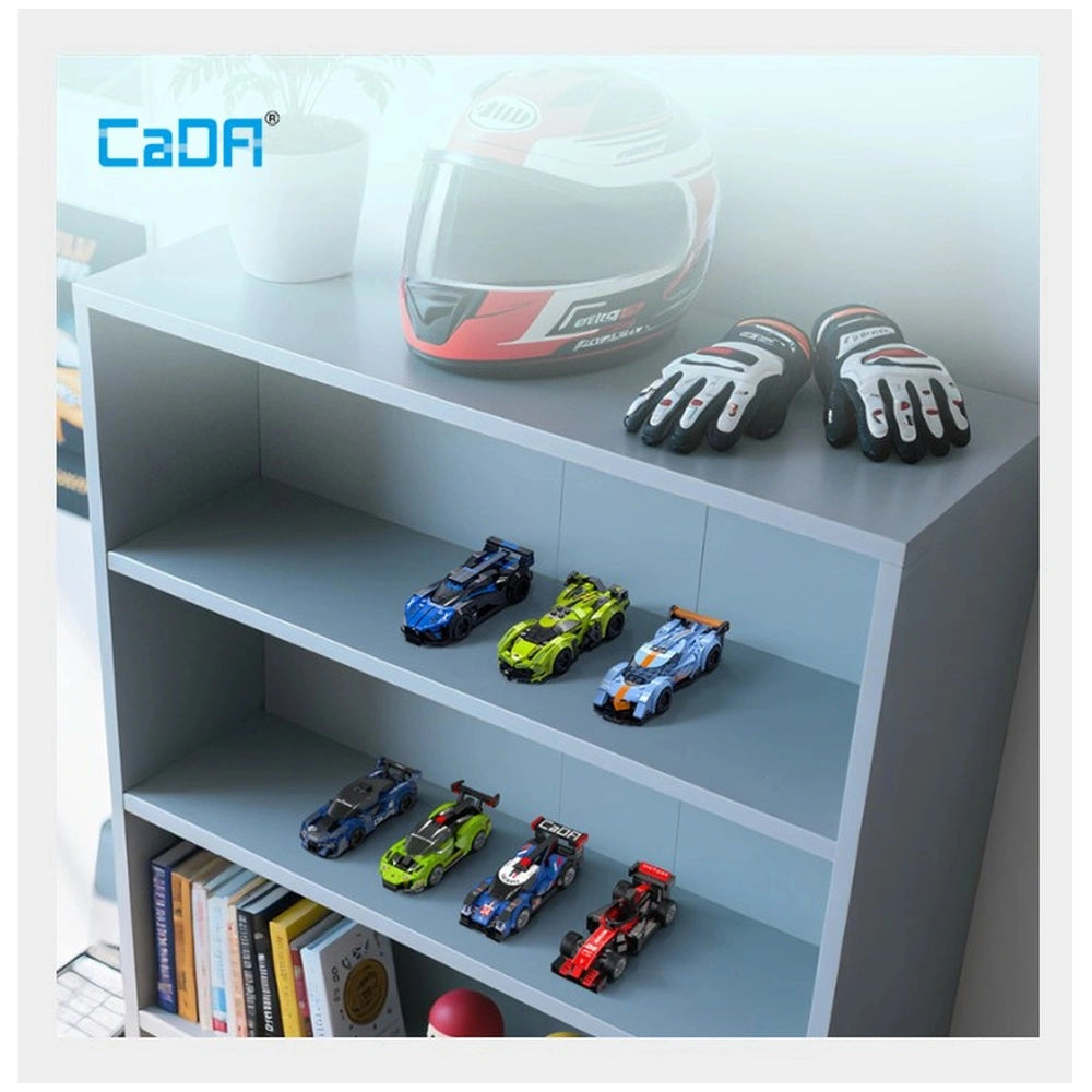 Cada Bluefire-Specter-Car construction set with blue helmet, gloves, and toy cars on shelves; features "CaDi" and "1:18" text