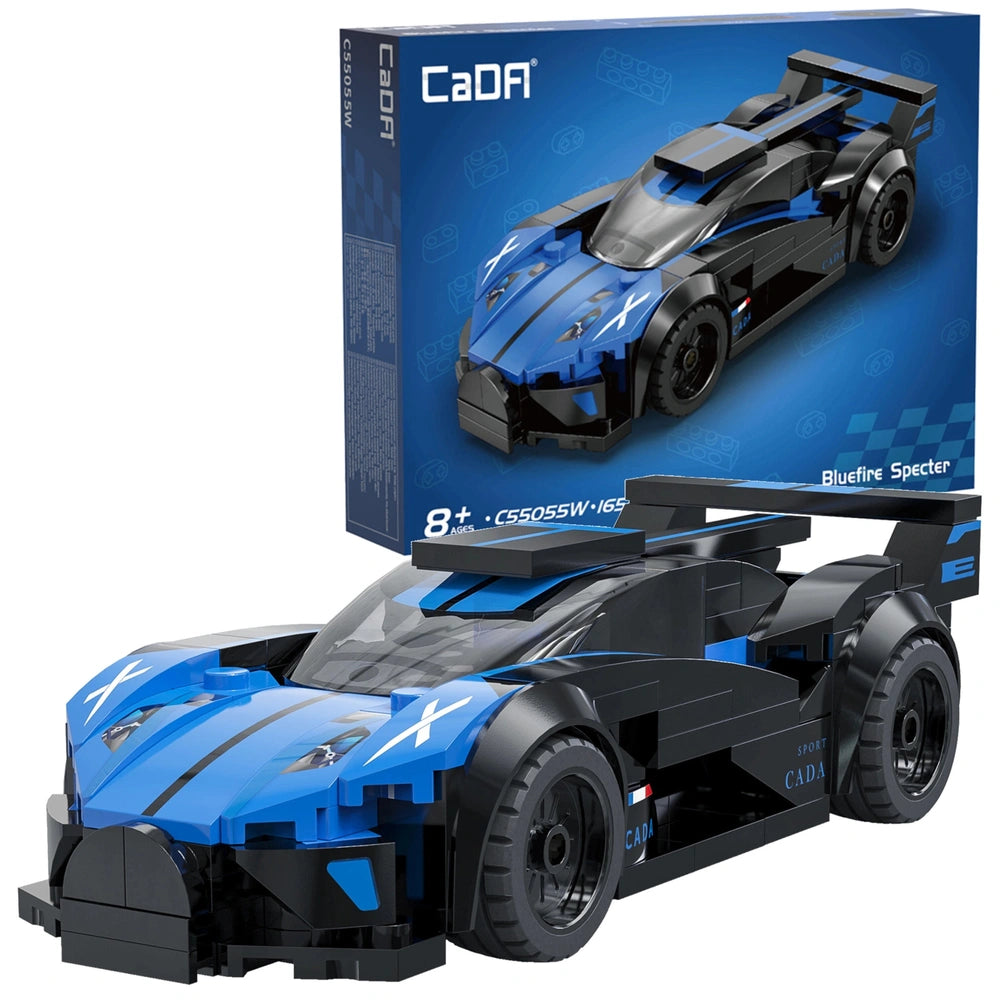 Cada Bluefire Specter toy car with a blue matte body, black roof, and transparent windows, displayed in glossy retail packagi