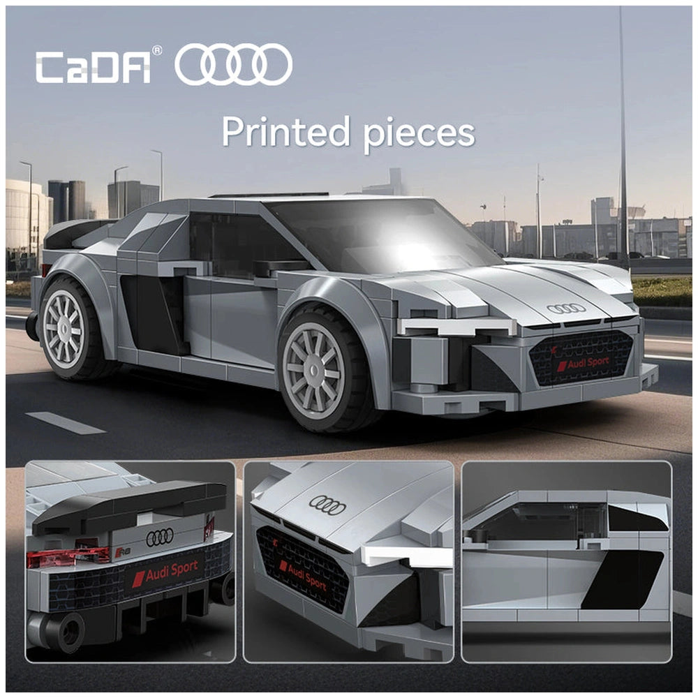 Cada Bricks 1:24 Audi R8 Coupe in shiny silver with matte black wheels, featuring a sleek design and transparent windows.