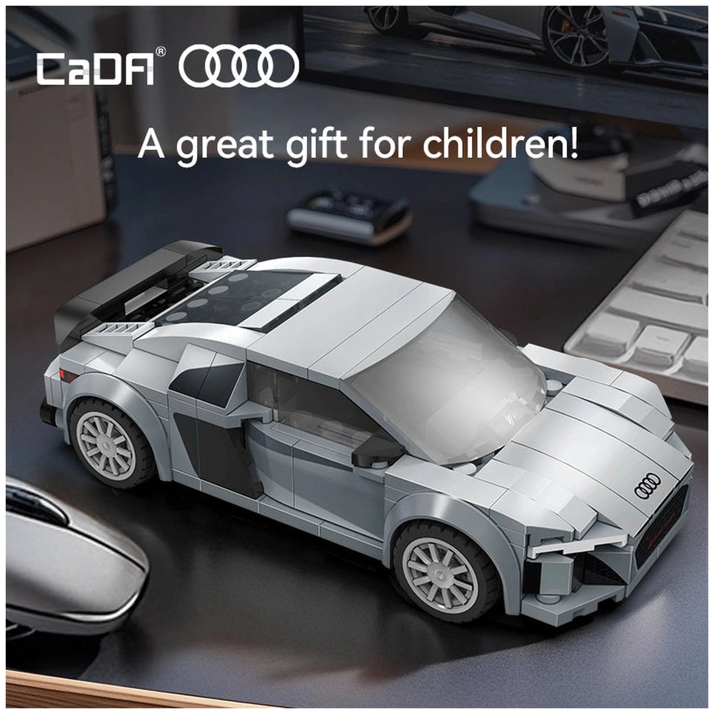 Cada Bricks 1:24 Audi R8 Coupe C55027W in silver, made of Lego bricks with black wheels and a transparent roof.