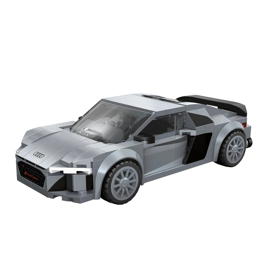 Cada Bricks 1:24 Audi R8 Coupe in silver features sleek design, metallic surfaces, transparent windows, and black matte wheel