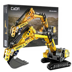 CaDA Excavator 360 Rotation construction set in yellow plastic with black wheels and blue screws, suitable for ages 3+.