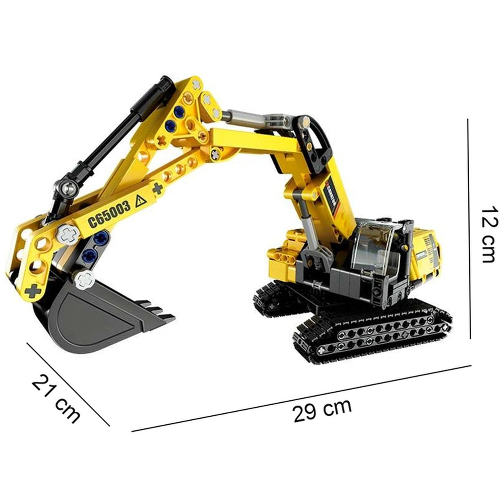 CaDA Excavator 360 Rotation construction set in yellow with black accents, featuring a crane arm and multiple wheels.