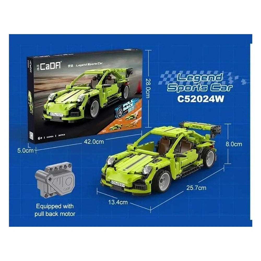 CaDA Legend Car Pull Back System features a green and yellow plastic toy car displayed on blue retail packaging.