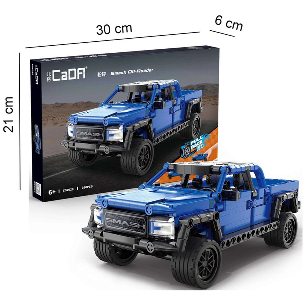 CaDA Smash Off-Roader Pickup construction set features a blue toy truck with glossy plastic, black rubber wheels, and transpa