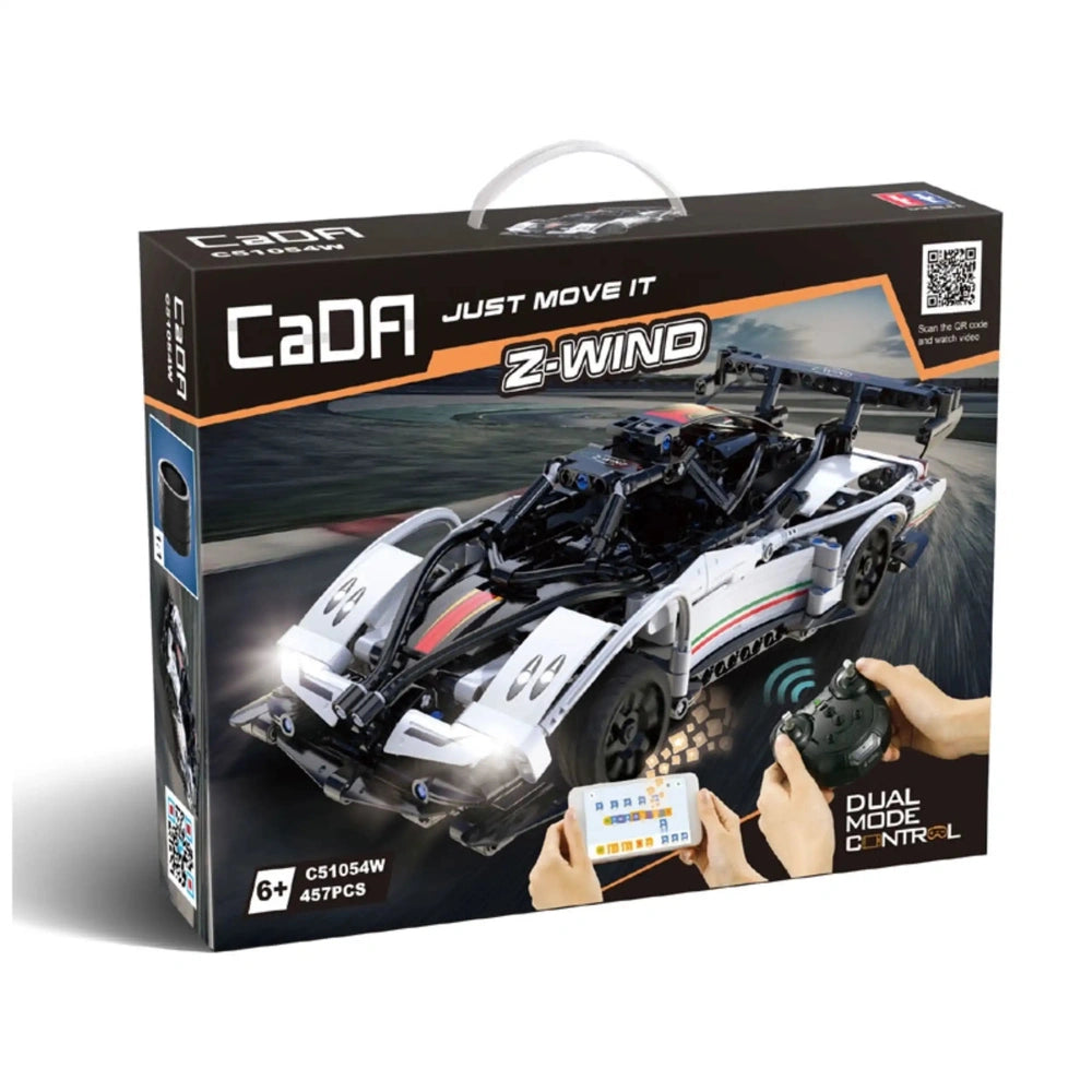 CaDA Z Wind RC Super Car construction set packaging with glossy finish, black background, and colorful product image.