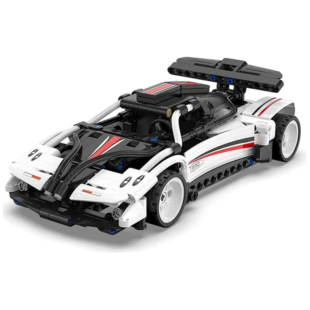 CaDA Z-Wind Sports Car construction set features a glossy plastic body, black wheels with white rims, and red-striped roof.