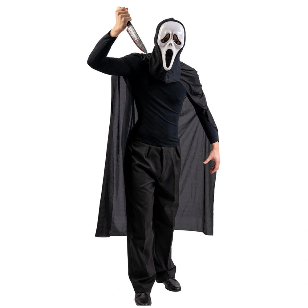 Adult ghost costume featuring a black outfit, black cape, and a white mask with black eye sockets and mouth.