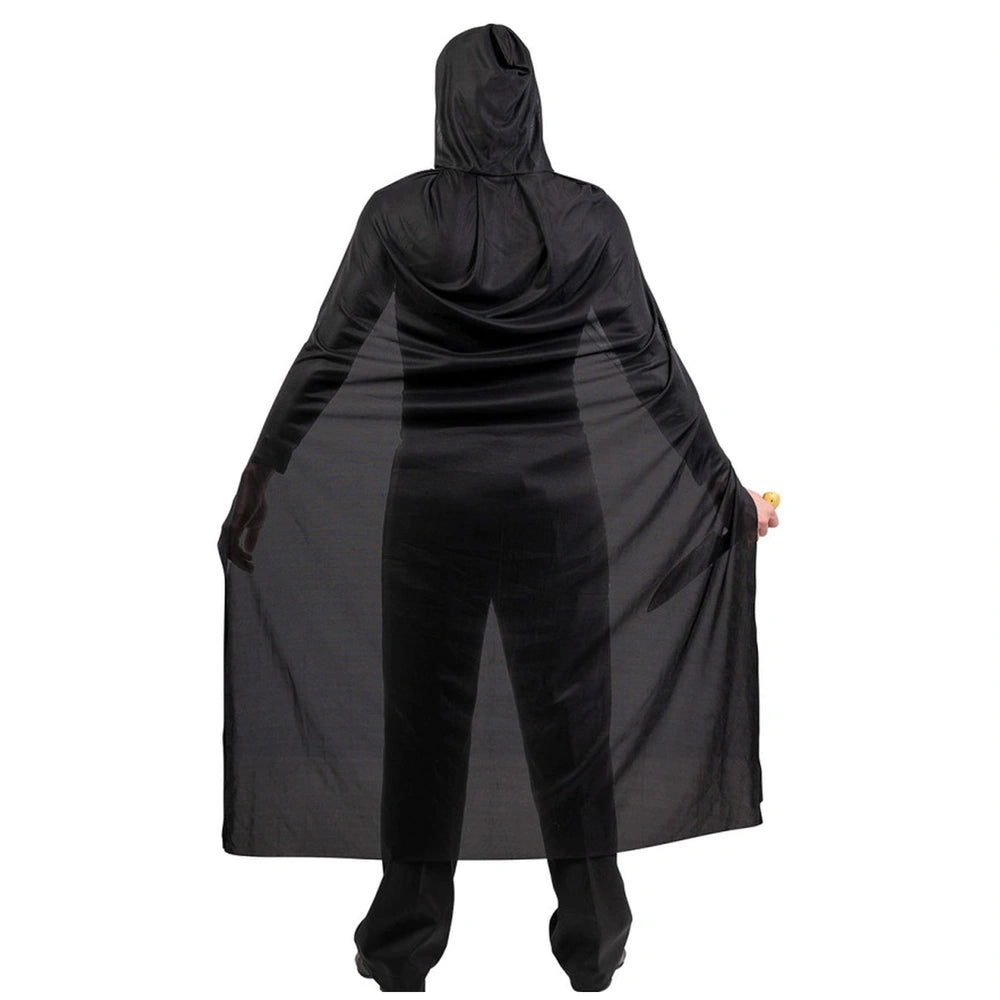 Adult ghost costume in black shiny material worn by a person, featuring a hood and a front view layout.