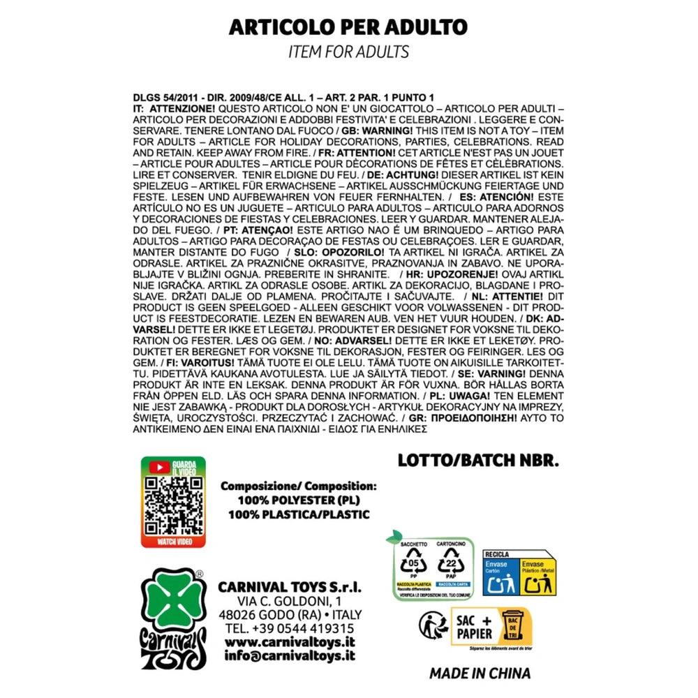 Adult ghost costume packaging in white with black text, red and green accents, featuring a glossy plastic window and QR code.
