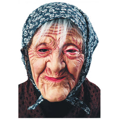 Befana latex mask worn by a person with white hair and red makeup, featuring a floral-patterned headscarf and dark garment.