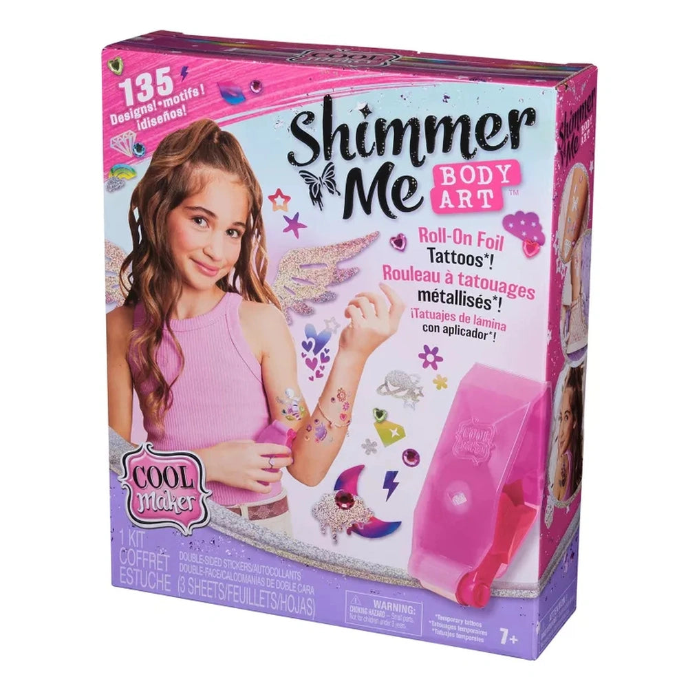 Cool Maker Shimmer Me Body Art Set features a vibrant pink box showcasing a girl's face and decorative elements like stars an