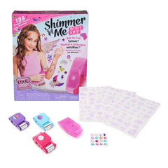 Cool Maker Shimmer Me Body Art Set features a pink roll-on tattoo applicator and colorful designs in glossy packaging.
