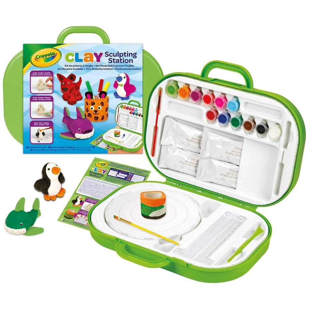 CRAYOLA Clay Sculpting Station packaging features a green lid with a clear window, showcasing vibrant modeling dough colors i