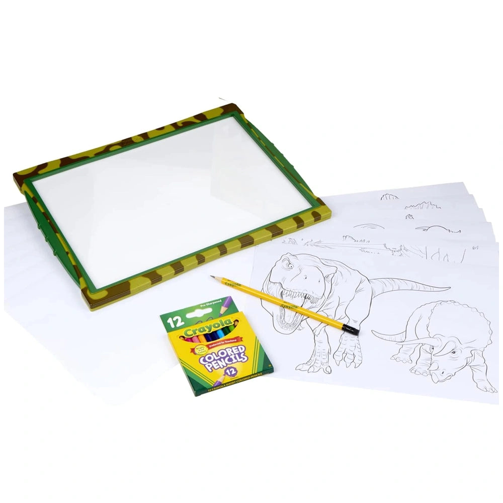 CRAYOLA Light-Up Tracing Pad with a green and yellow box, yellow pencil, and white paper featuring a pencil drawing.
