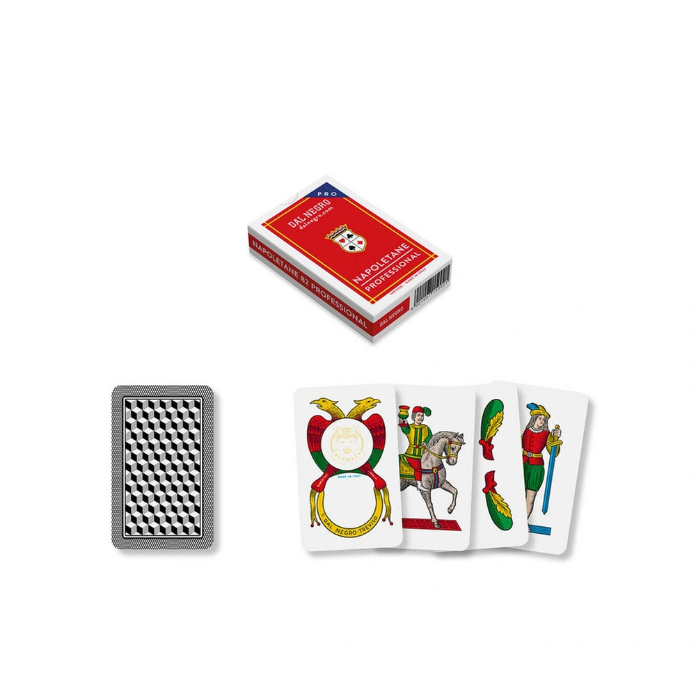 Dal Negro Neapolitan Pro Cards N.82 in a red box with white text, featuring colorful illustrated playing cards and a gray coa