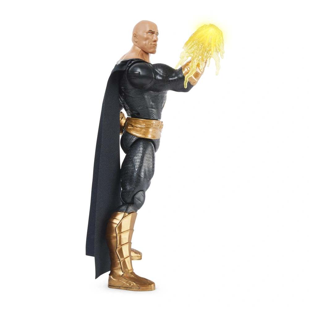 DC Comics Black Adam action figure stands upright in a glossy black costume with gold accents, holding a yellow object above 