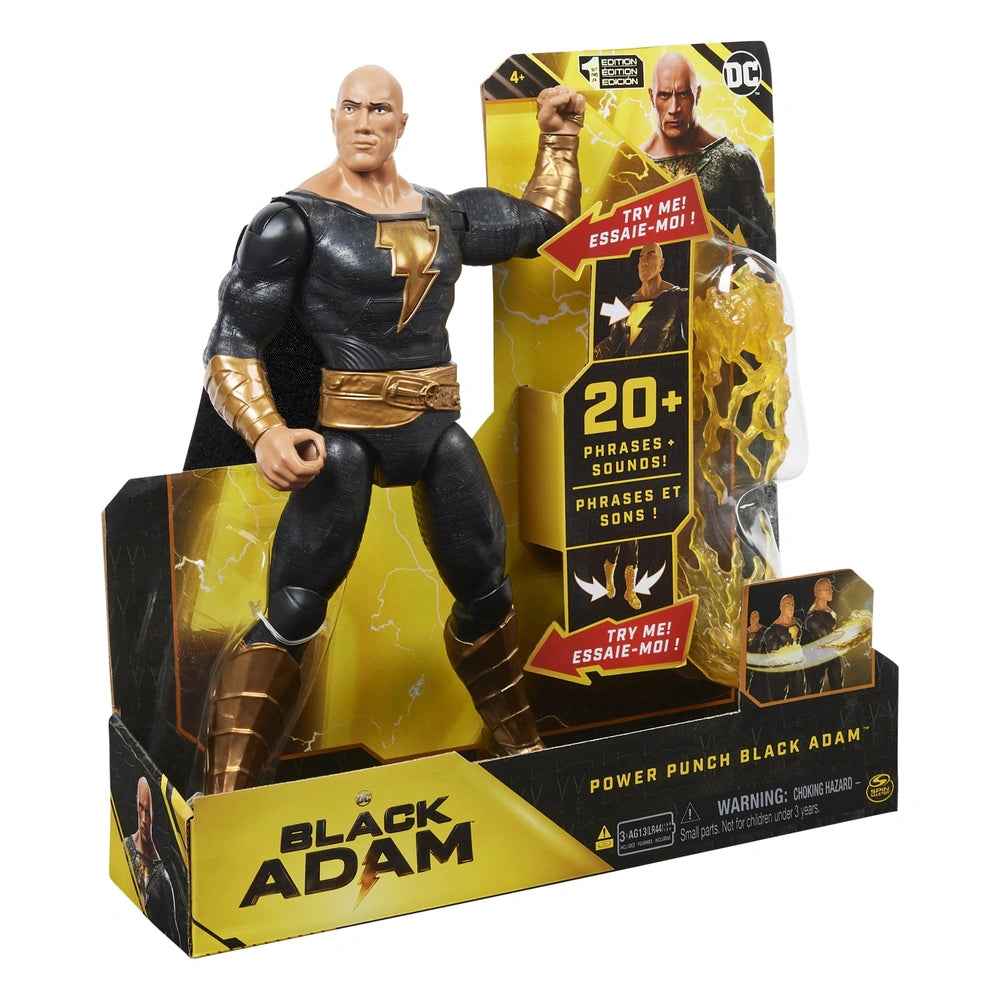 Black Adam action figure in dynamic pose with energy blast, featuring a glossy black and gold costume against a yellow backgr