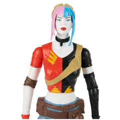Harley Quinn action figure features vibrant blue hair with pink and black highlights, wearing a red top and black belt.