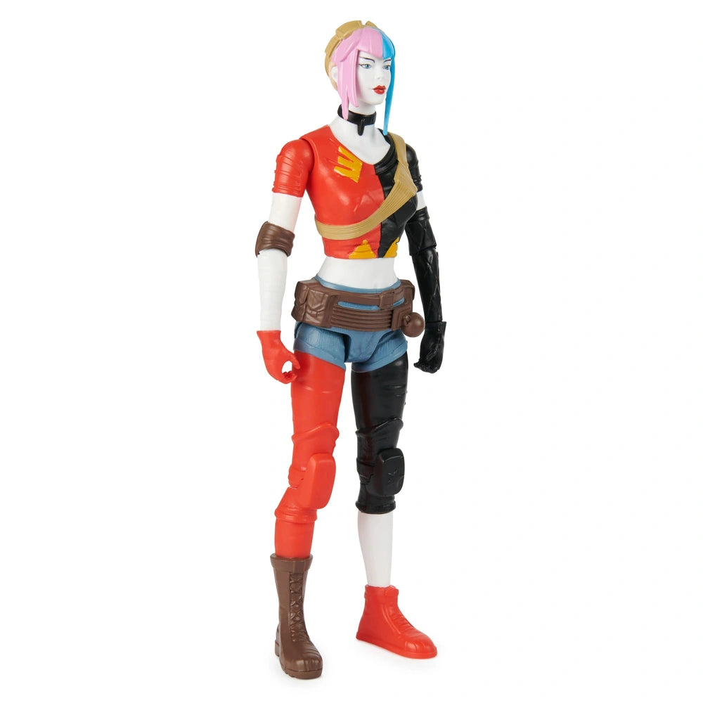 Harley Quinn action figure features a red and black bodysuit, glossy finish, and vibrant pink and blue hair highlights.