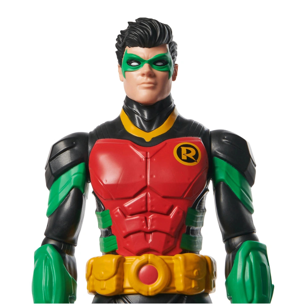 DC Comics Robin action figure features a muscular build in a black and yellow bodysuit with vibrant colors and sharp details.