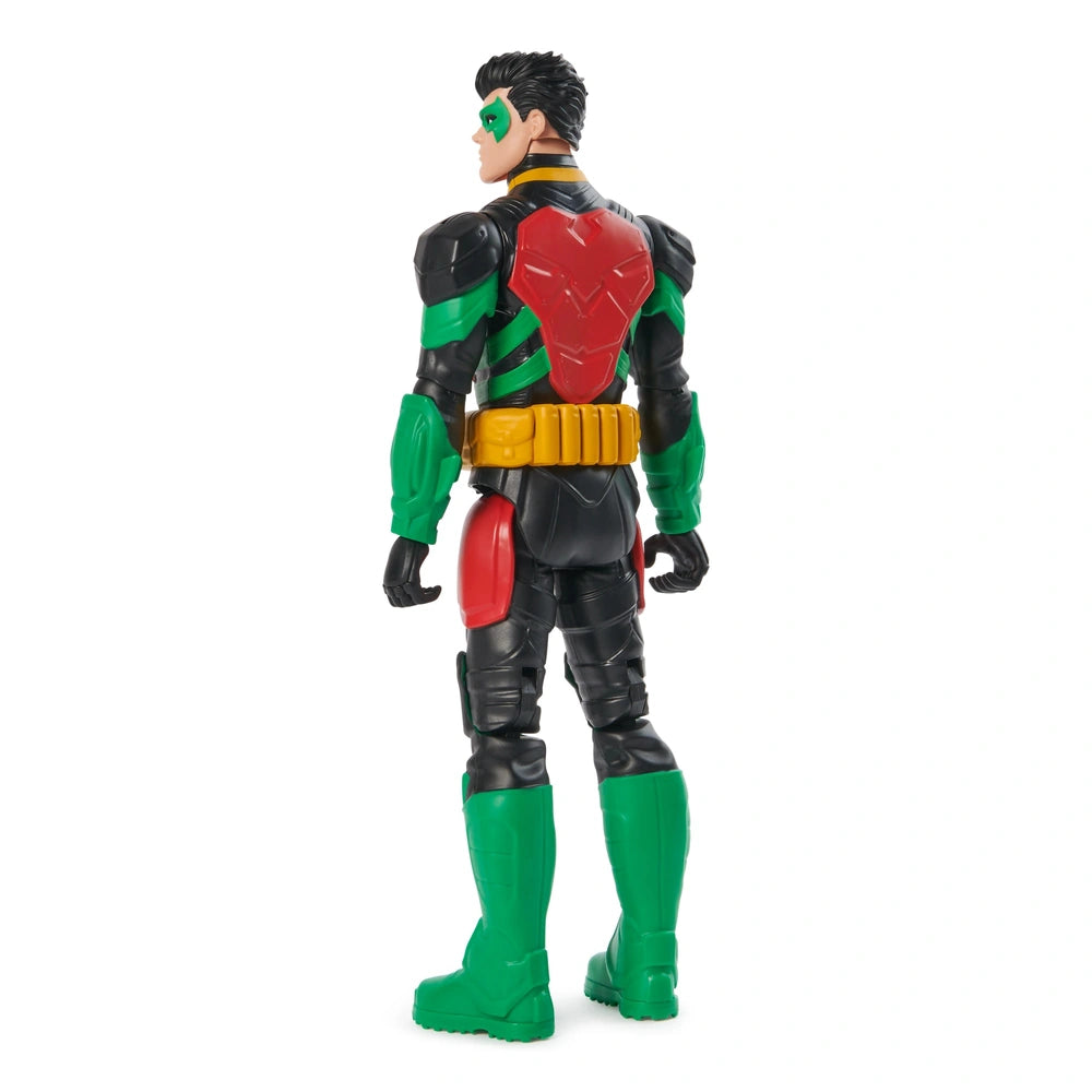 DC Comics Robin action figure stands upright in a black costume with green and red accents, featuring a yellow utility belt.