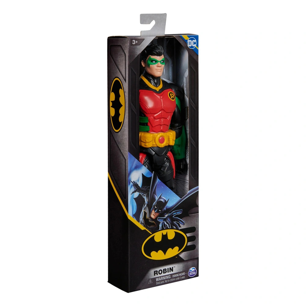 DC Comics Robin action figure in packaging resembling the Batmobile, featuring a dynamic pose and glossy finish.