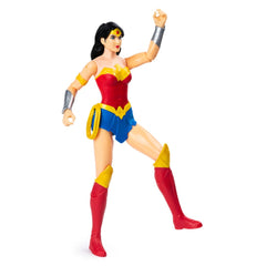 Wonder Woman action figure in a dynamic pose, featuring a red and blue costume with yellow accents and red boots.