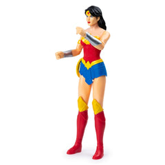 Wonder Woman action figure in a dynamic pose, featuring glossy skin, a red, blue, and yellow costume, and holding a weapon.