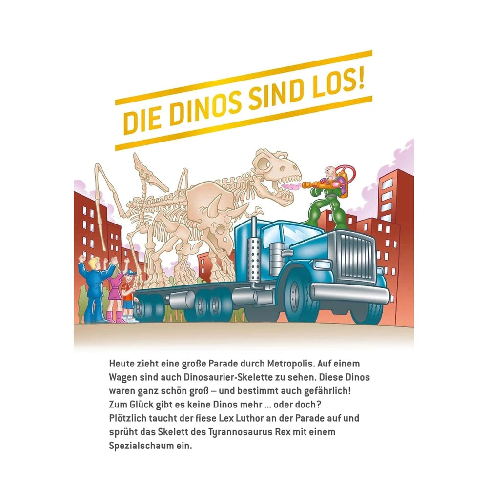 DC Superheroes book with a blue truck carrying a white dinosaur skeleton and skull against a stylized cityscape background.