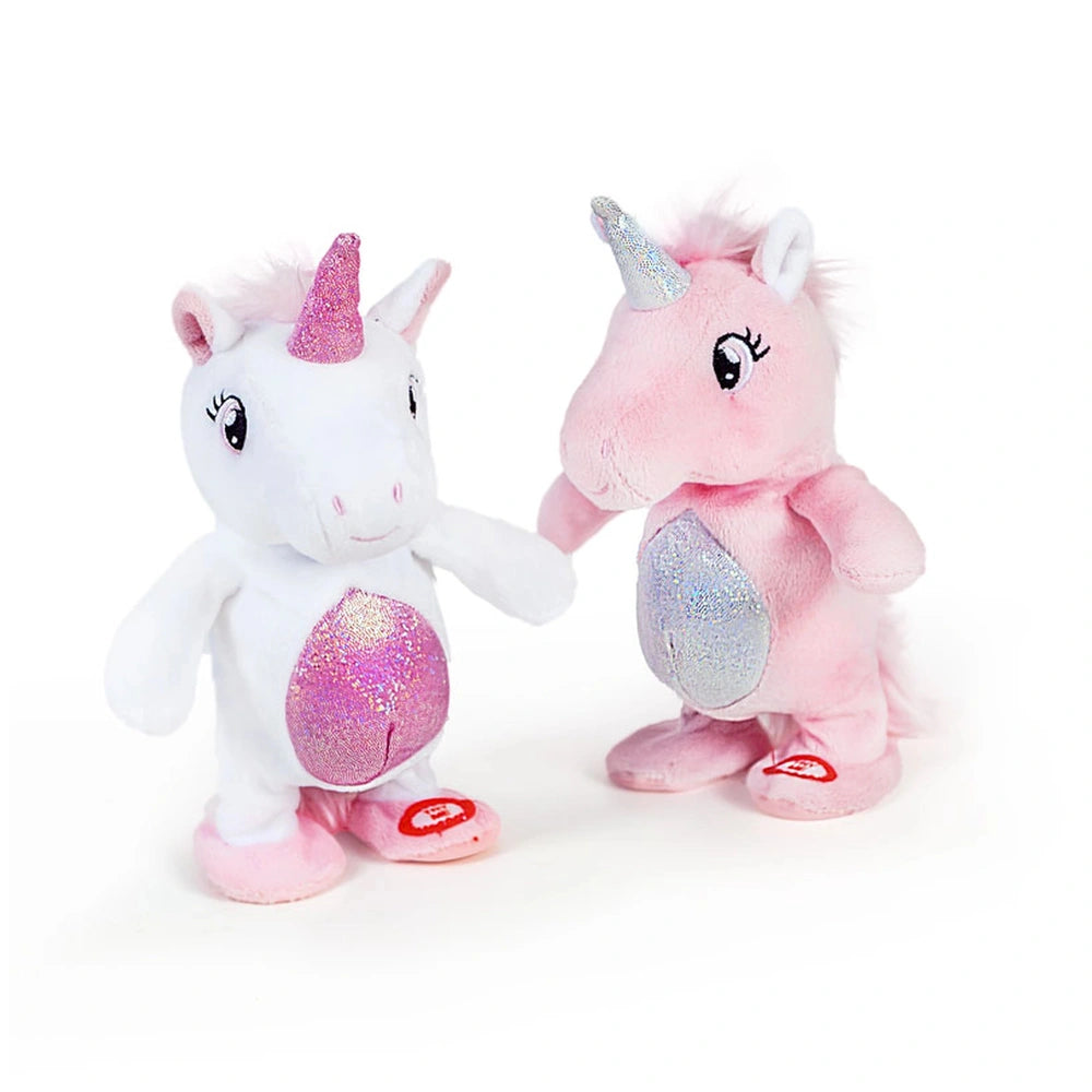 DECAR Ripetix Unicorn Plush features two soft fabric unicorns, one white with pink belly, the other pink with white belly, bo