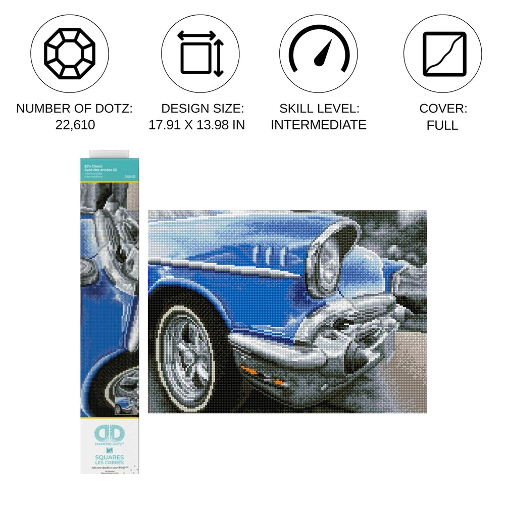 Diamond Dotz 50s Classic arts & crafts kit featuring a glossy blue car design on a vibrant light blue background.