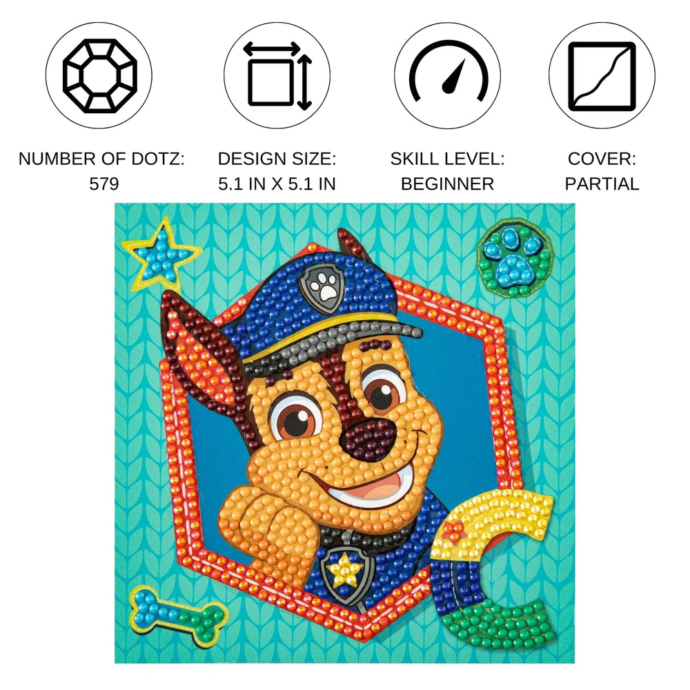 DIAMOND DOTZ Dotzies Paw Patrol Chase features a colorful bead dog character on a blue background with printed text and patte