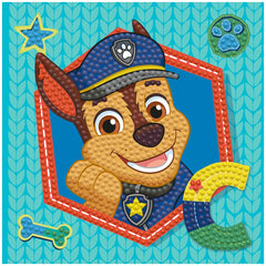 DIAMOND DOTZ Dotzies Paw Patrol Chase features a smiling brown-eyed dog in a blue hat and collar against a solid blue backgro
