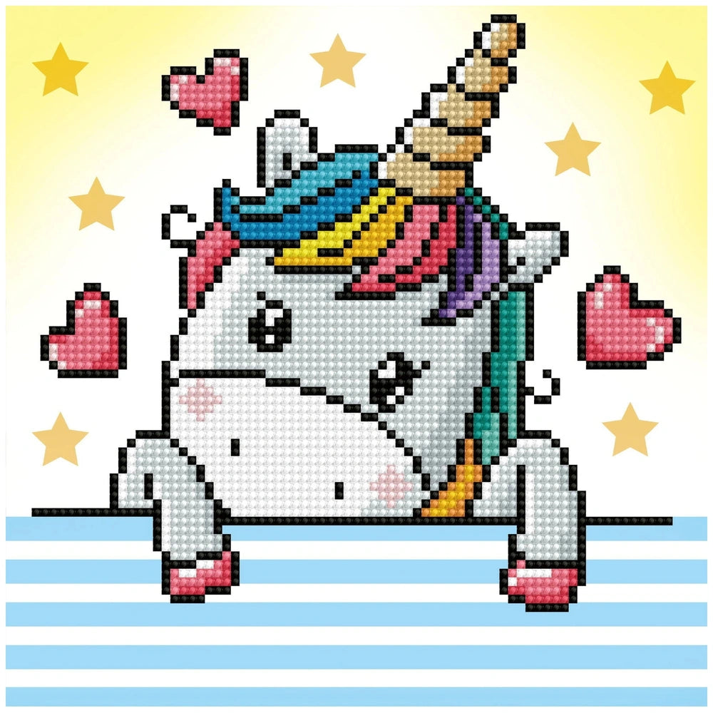 Diamond Dotz Dotzies U baby diamond painting features a glossy unicorn with a colorful mane and red hearts on a yellow-white 