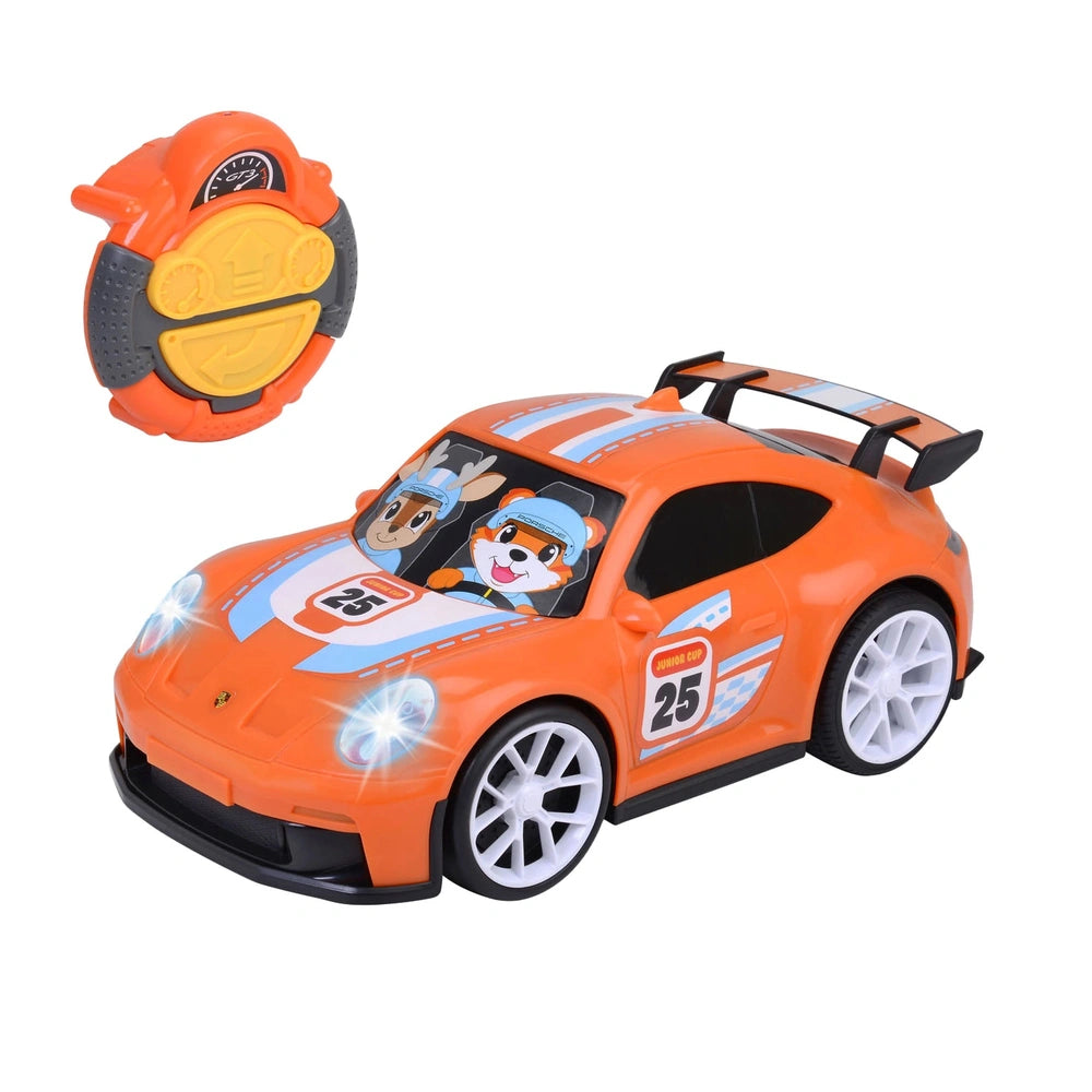 Dickie Abc remote-controlled Porsche 911 GT3 features an orange plastic body with gray and white details, showcasing realisti
