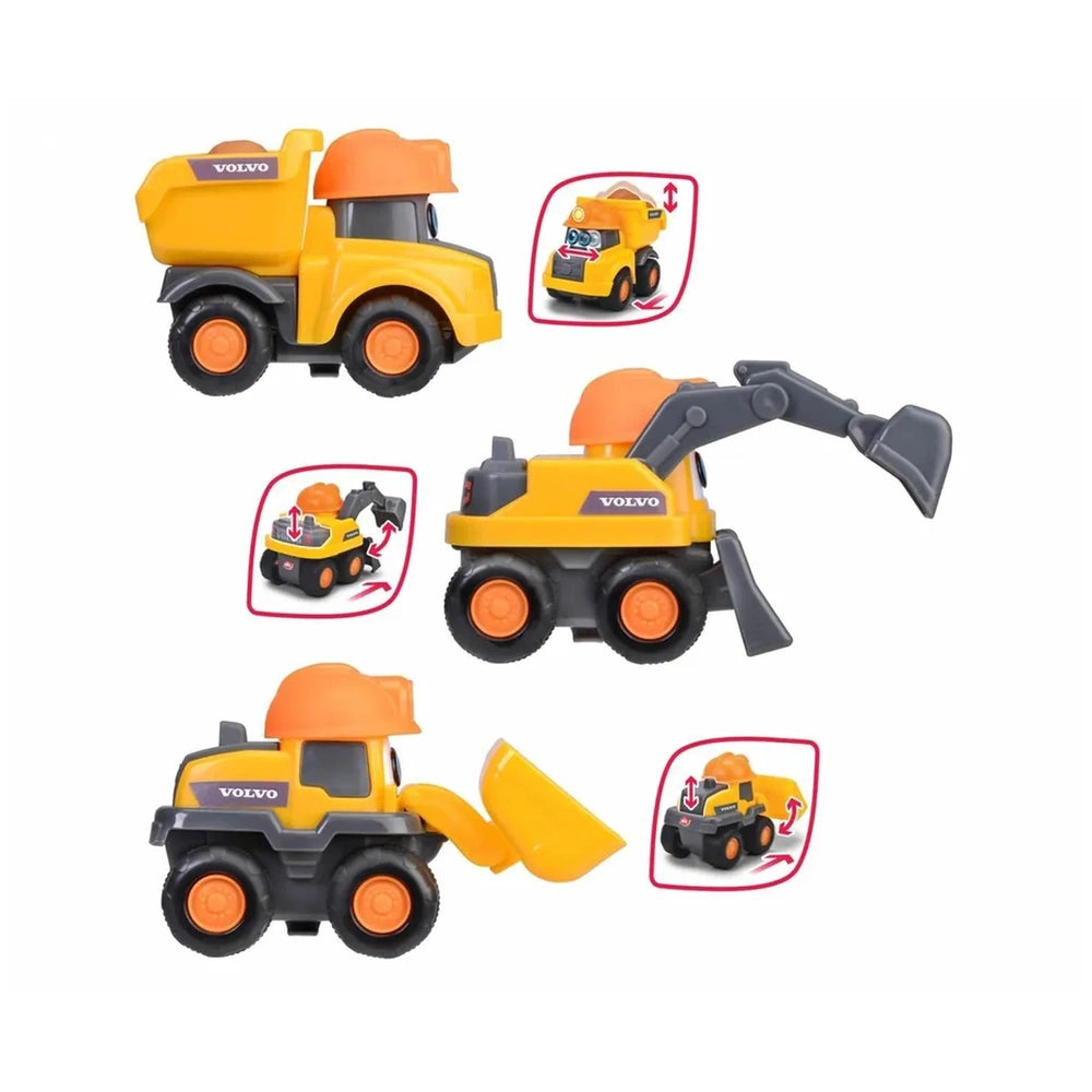 Dickie - Abc Volvo Builder Team toy truck in orange and yellow plastic with black tires and detailed components, centered vie