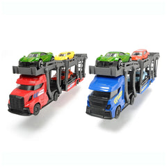 Dickie car carrier toy features a shiny and matte plastic truck cab with multiple black plastic components and a transparent 
