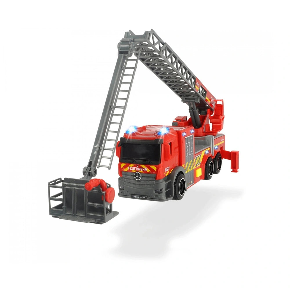 Dickie City Fire Ladder Truck in red with black and yellow accents, featuring a metallic ladder and flexible hose.