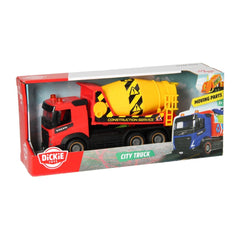 Dickie Toys City Truck features a yellow and black barrel, blue cab, red trailer, and black wheels in retail cardboard packag