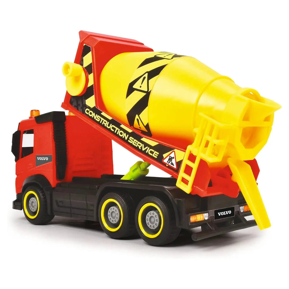 red plastic Dickie Toys City Truck features a yellow cargo bed with intricate black and yellow striped designs.