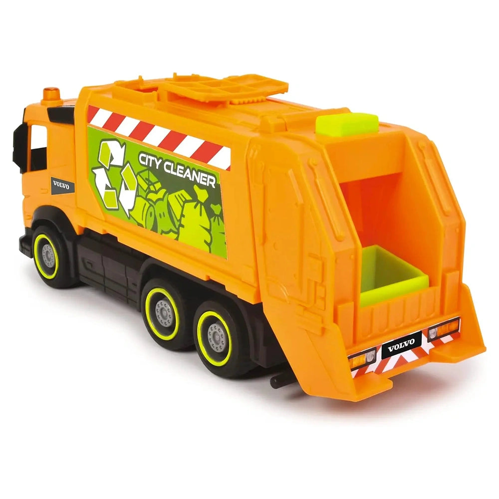 Dickie Toys City Truck features an orange plastic body, black wheels, and "CITY CLEANER" label on the side.