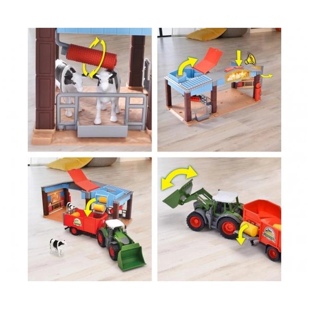 Dickie Farm Station toy playset features a red tractor, green bucket, and various cow figures on a light-colored floor.