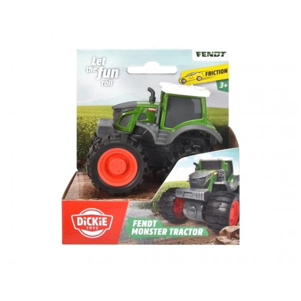 Fendt Friction Monster Tractor play vehicle in green and black with red wheels, displayed in cardboard packaging with a clear