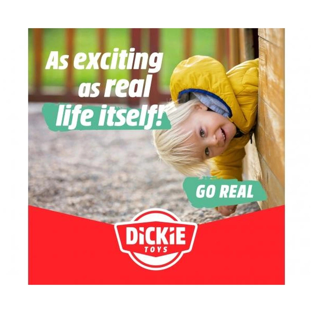 Dickie Fendt Micro Team Play Vehicles retail packaging features a smiling child with blonde hair and a textured jacket.