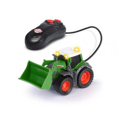Fendt remote-controlled tractor in green with black tires, orange rims, and multiple green plastic attachments and bumpers.