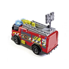 Dickie fire truck with lights and sounds, featuring a glossy red body, gray roof, yellow ladder, and black tires.