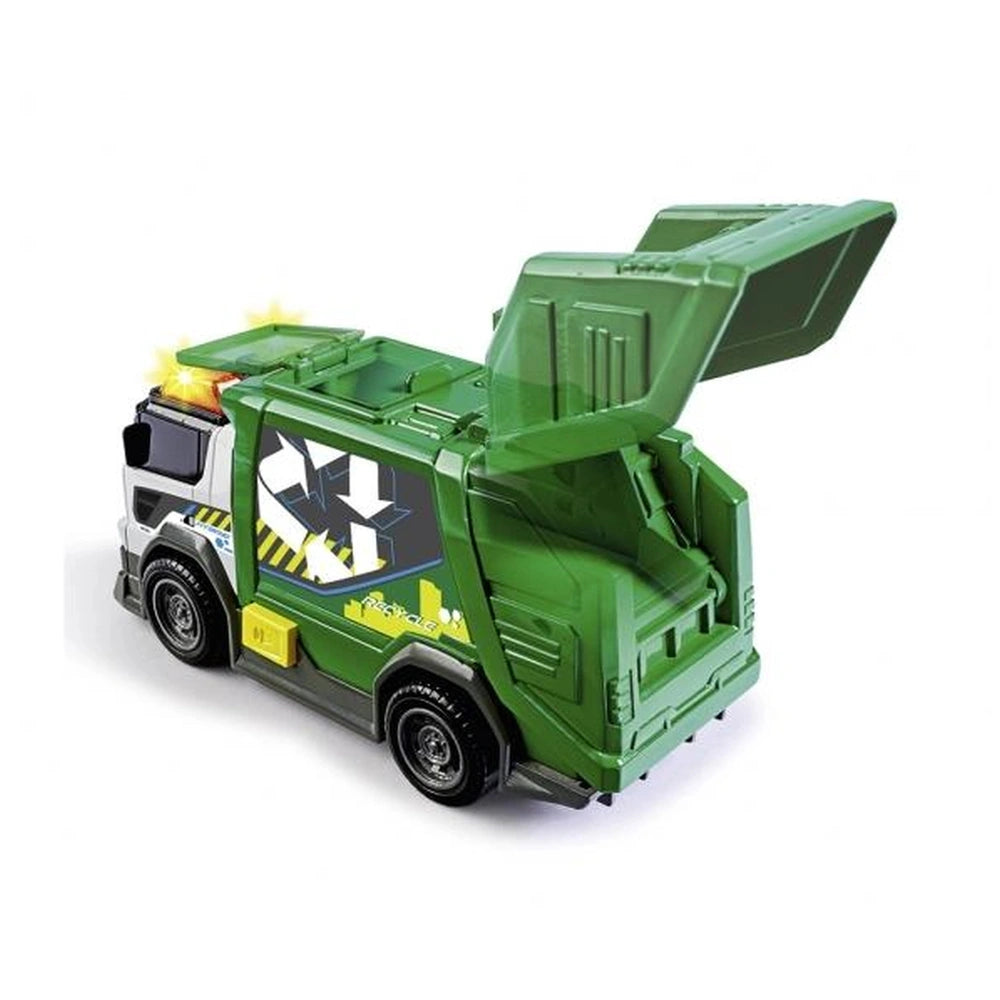 Dickie garbage truck toy in green with a matte finish, featuring black wheels and glossy front, includes large and small dump